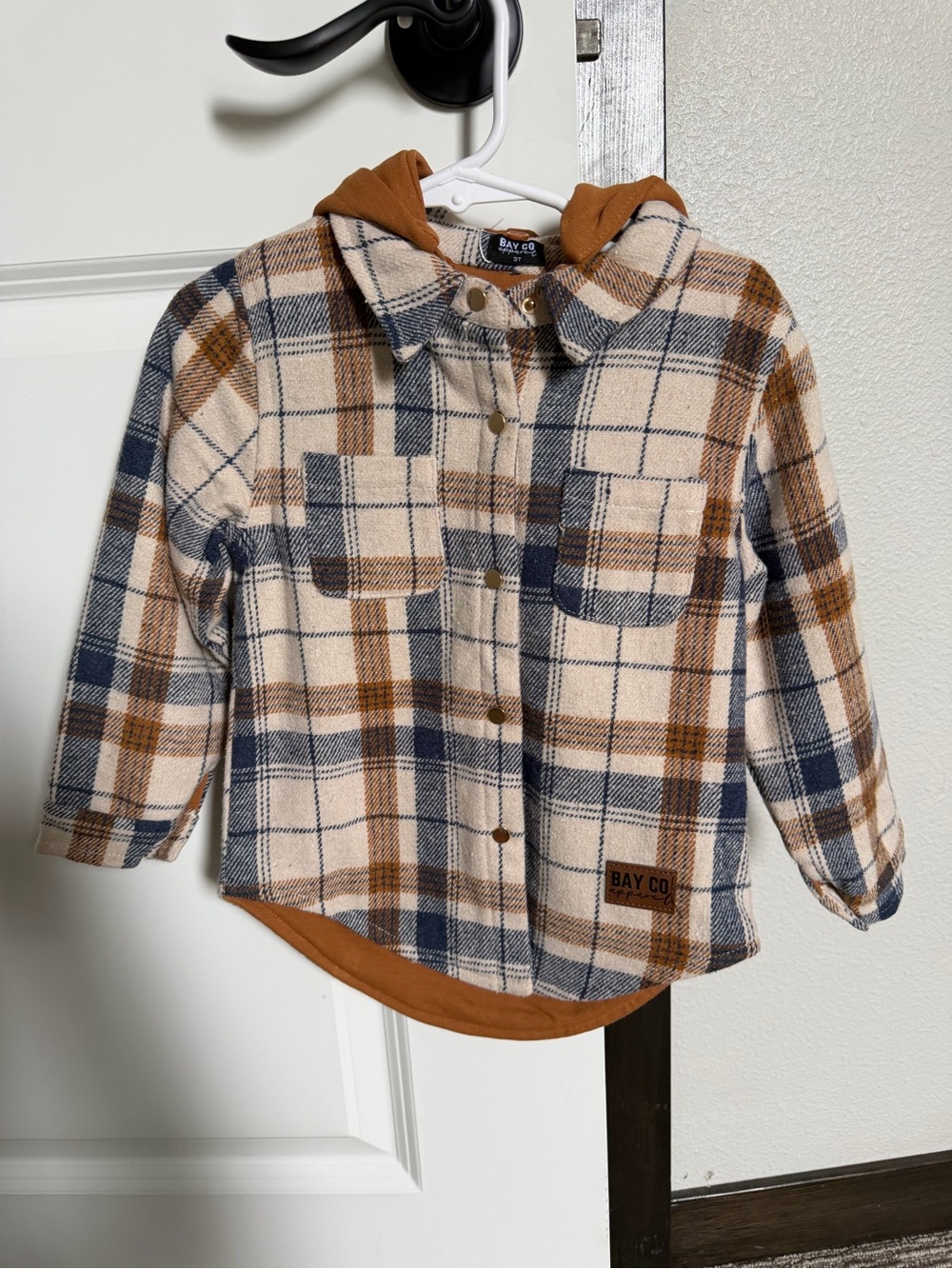 Kids Plaid Button-Front Hooded Shirt - Cream, Navy & Brown